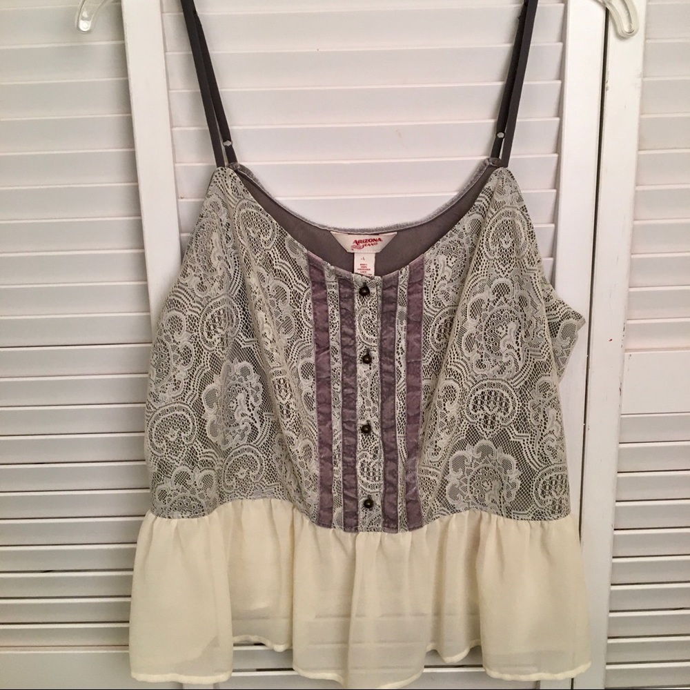 Lace & Ruffle Sun Strap Top. L. EUC